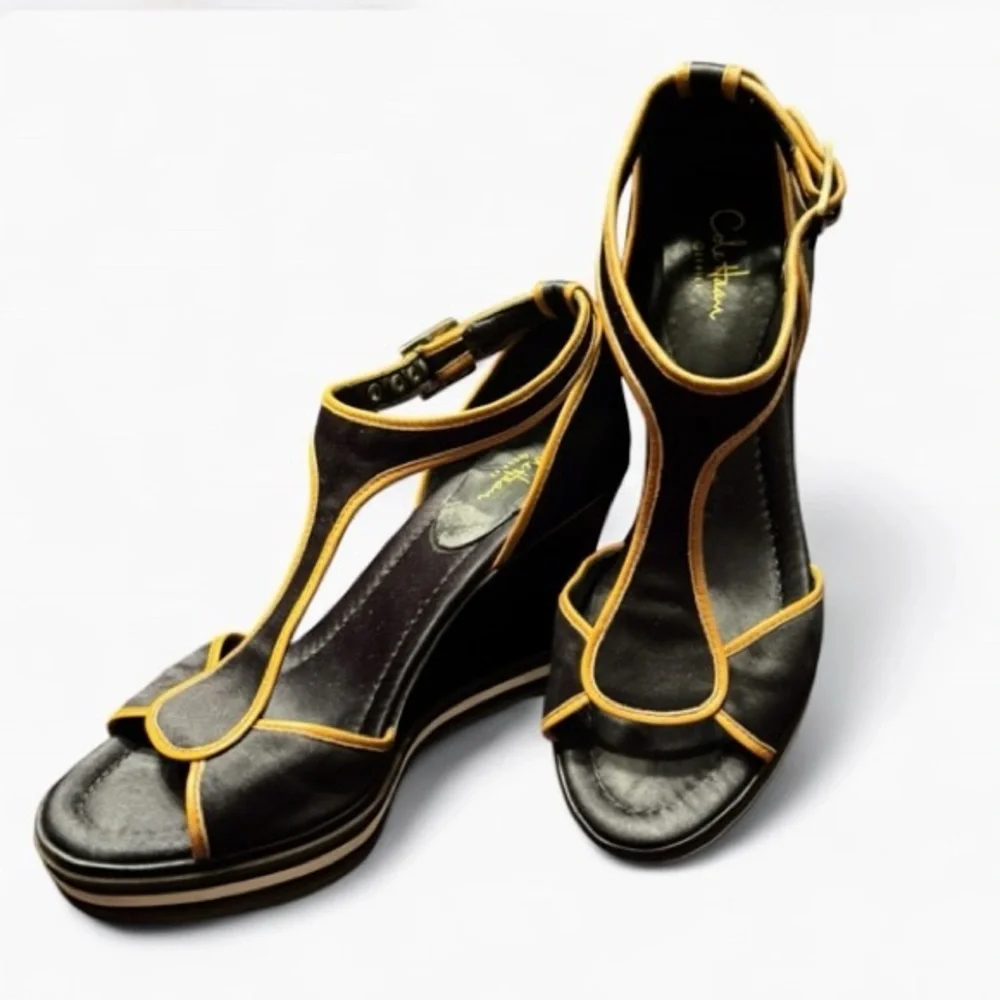 VINTAGE COLE HAAN AIR RICKI NIKE Wedge Sandals Women’s SZ 8 Black & Tan T-Strap